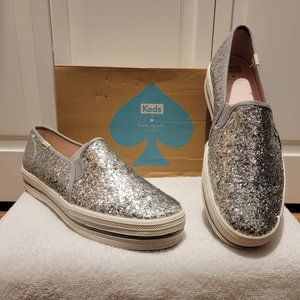 Keds X Kate Spade Silver Triple Glitter Slip On Platform Sneakers Size 10